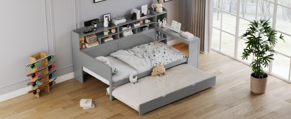 Wooden Twin Size Daybed with Storage Shelves, Multi-functional Bed with Twin Size Trundle Bed and  Study Desk, Gray