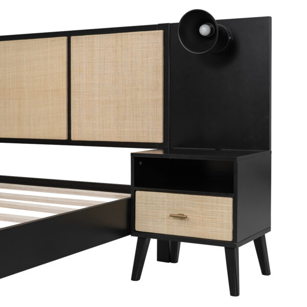Queen Size Solid Wood Bed Frame with 2 Nightstands, Elegant Design with Lamps, Rattan and Wood Combination,Black
