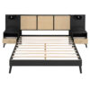 Queen Size Solid Wood Bed Frame with 2 Nightstands, Elegant Design with Lamps, Rattan and Wood Combination,Black