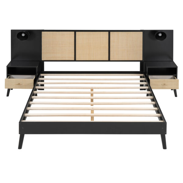 Queen Size Solid Wood Bed Frame with 2 Nightstands, Elegant Design with Lamps, Rattan and Wood Combination,Black