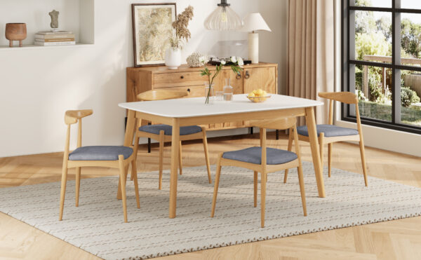 5-Piece Mid-Century Modern Dining Set - Solid Wood Frame Table + 4 Beige Upholstered Chairs(White Oak+Gray)