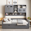 Full Size Wooden Daybed With Twin Size Trundle, and All-in-One Cabinet and Shelf, Gray
