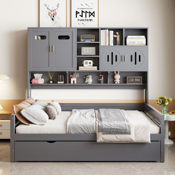 Full Size Wooden Daybed With Twin Size Trundle, and All-in-One Cabinet and Shelf, Gray