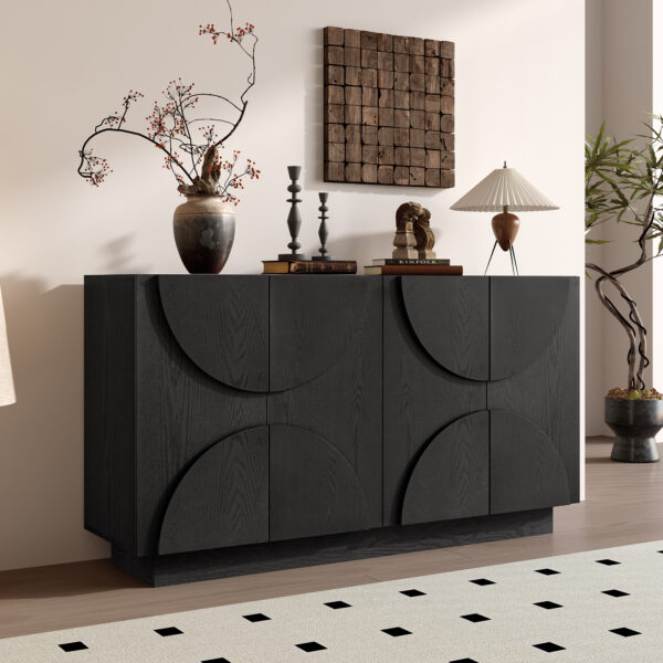 TREXM 4-Door Large Storage Sideboard, Wood Sideboard Cabinet with Semi-Circular Handles and Adjustable Shelves for Dining Room, Kitchen, and Living Room (Black)