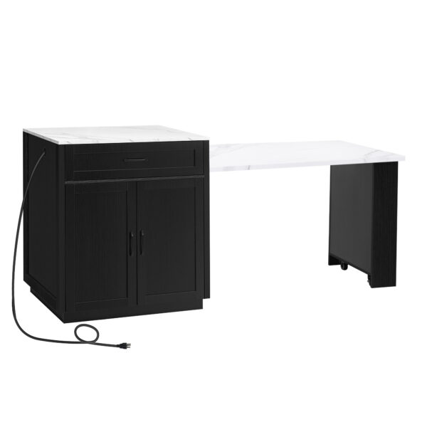 K&K 82.7 inch Kitchen Island with Extendable Dining Table for 4-6 Person,Faux Mable Kitchen Table with Double-sized Storage,Power Outlet,Kitchen island with Storage 2 Drawers 2 Side Open Shelves,Black