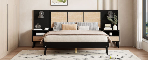 Queen Size Solid Wood Bed Frame with 2 Nightstands, Elegant Design with Lamps, Rattan and Wood Combination,Black