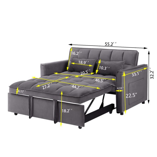 b27eacb3fcf84e7d9eb214f2a6714ebe_1542c6231cf551684c9ace4b7233b818 55.1-inch 3-in-1 convertible sofa bed, modern velvet double sofa Futon sofa bed with adjustable back, storage bag and pillow, for living room, bedroom (dark grey)