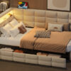 Upholstered Twin Size Daybed with Storage 2 Drawers and Charging Station, Day Bed Frame with LED Lights and Storage Headboard, No Box-Spring Needed, Beige
