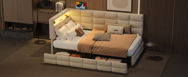 Upholstered Twin Size Daybed with Storage 2 Drawers and Charging Station, Day Bed Frame with LED Lights and Storage Headboard, No Box-Spring Needed, Beige