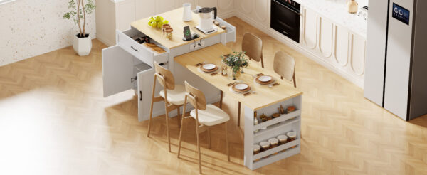 K&K 82.7 inch Kitchen Island with Extendable Dining Table for 4-6 Person,Two-tone Kitchen Table with Double-sized Storage, Power Outlet, Kitchen island with Storage 2 Drawers 2 Side Open Shelves,White