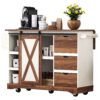 K&K 55.5" Farmhouse Kitchen Island with Drop Leaf, Kitchen Storage Island with Barn Door, Power Outlet, Rolling Kitchen Cart on Wheels with Spice Rack, for Home, Kitchen, Dining Room, White