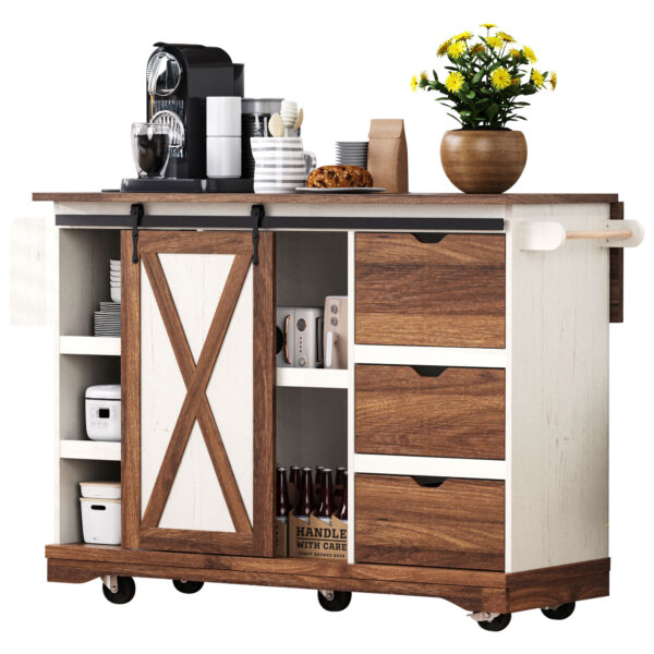 K&K 55.5" Farmhouse Kitchen Island with Drop Leaf, Kitchen Storage Island with Barn Door, Power Outlet, Rolling Kitchen Cart on Wheels with Spice Rack, for Home, Kitchen, Dining Room, White