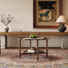 Mid-Century Style Coffee Table with Petal Shape and White Crackle Pattern Glass, 2-Tiered Coffee Table with Rattan, Walnut, 31.5"