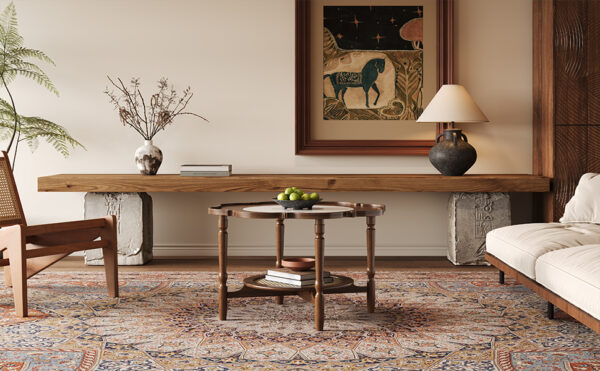 Mid-Century Style Coffee Table with Petal Shape and White Crackle Pattern Glass, 2-Tiered Coffee Table with Rattan, Walnut, 31.5"