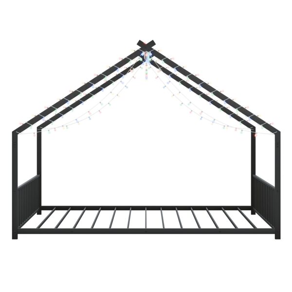 Full size children's bed frame with LED light strips, roof-shaped iron frame bed, Black,78.5" L x 55.9" W x 58.4" H.