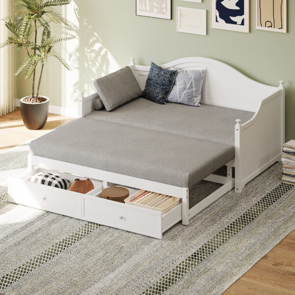 Twin Size Wood Daybed Extended Bed with Storage Drawers Wooden Sofa Bed for Living Room Guest Room, White