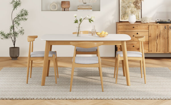 5-Piece Mid-Century Modern Dining Set - Solid Wood Frame Table + 4 Beige Upholstered Chairs(White Oak+Beige)