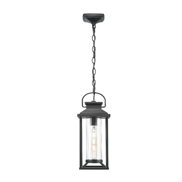 Outdoor Pendant Lights for Porch, Black Exterior Chandelier for Gazebo, Modern Outside Hanging Lanterns Outdoor Ceiling Light Fixture with Ribbed Glass for House Patio, Anti-Rust Waterproof (1 pack)