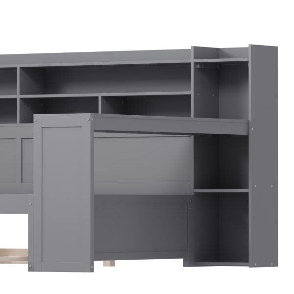 Wooden Twin Size Daybed with Storage Shelves, Multi-functional Bed with Twin Size Trundle Bed and  Study Desk, Gray