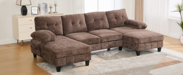 U-shaped Sectional Sofa 103.5" Chenille Fabric Couch with Dual Chaise Lounges, Storage Pockets and Armrest Pillows for Living Room, Brown