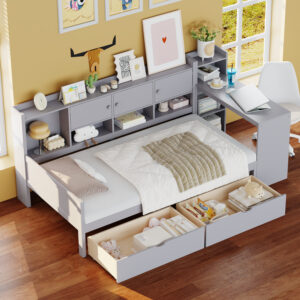 Twin Size Daybed with Storage 3 Cabinets and 2 Drawers, Wooden L-Shape Daybed Frame with Study Desk and Built-in Bookshelf, Multi-functional Bed for Bedroom Guest Room,Gray