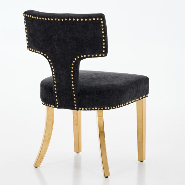 Mid Century Modern Dining Chairs Set of 2, Farmhouse Chenille Fabric Upholstered Accent Chair Curved Backrest with Copper Nails around,Kitchen Chairs with Golden Stainless Steel Plating Legs, Black