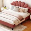 Queen Size Upholstered Platform Bed with Flower Pattern Velvet Headboard, Bean Paste Red