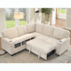 L-Shaped Sectional Sofa Bed with Pull-Out Bed & Storage, 5-Seat Sleeper Couch with USB Charging, Convertible Design for Living Room, Apartment, Corduroy Fabric, Beige