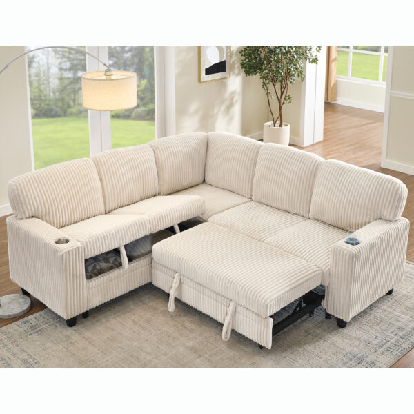 L-Shaped Sectional Sofa Bed with Pull-Out Bed & Storage, 5-Seat Sleeper Couch with USB Charging, Convertible Design for Living Room, Apartment, Corduroy Fabric, Beige