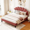 Queen Size Upholstered Platform Bed with Flower Pattern Velvet Headboard, Bean Paste Red