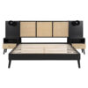 Queen Size Solid Wood Bed Frame with 2 Nightstands, Elegant Design with Lamps, Rattan and Wood Combination,Black