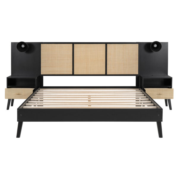 Queen Size Solid Wood Bed Frame with 2 Nightstands, Elegant Design with Lamps, Rattan and Wood Combination,Black