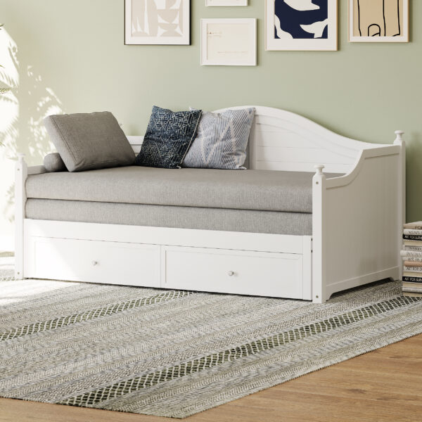 Twin Size Wood Daybed Extended Bed with Storage Drawers Wooden Sofa Bed for Living Room Guest Room, White