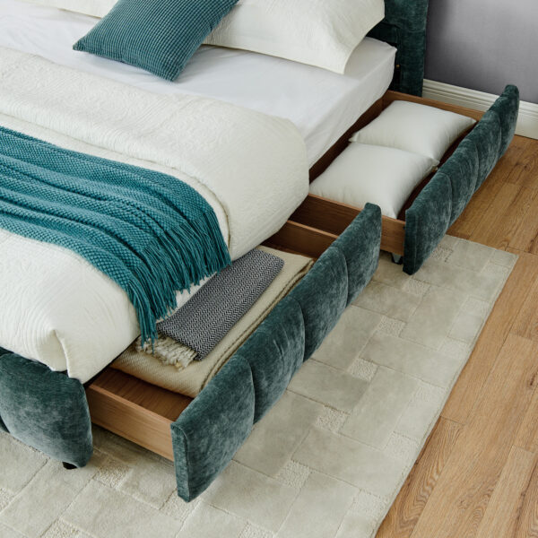 b96c7eaa31fc478abae6daa44873ae85_a7a80bbd83d875985cfa869528d302bd King Size Upholstered Bed ,comfortable upholstered bed frame, Chenille fabric, with headboard and solid bed frame. With drawer for storage-green(88.5''*85.5''*31'')