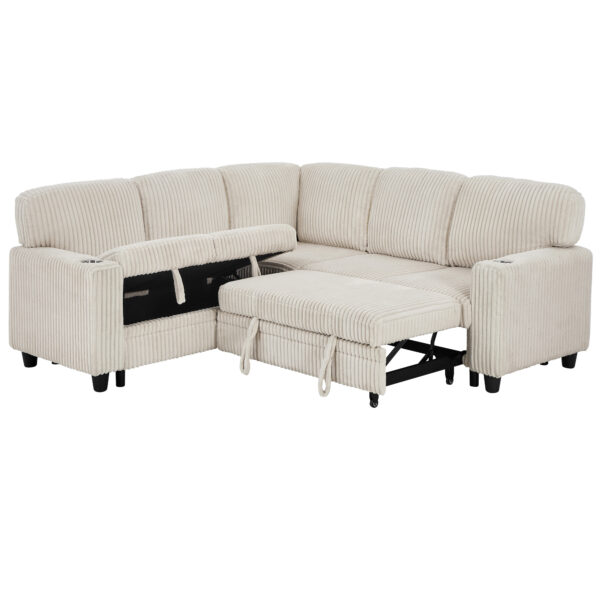 L-Shaped Sectional Sofa Bed with Pull-Out Bed & Storage, 5-Seat Sleeper Couch with USB Charging, Convertible Design for Living Room, Apartment, Corduroy Fabric, Beige