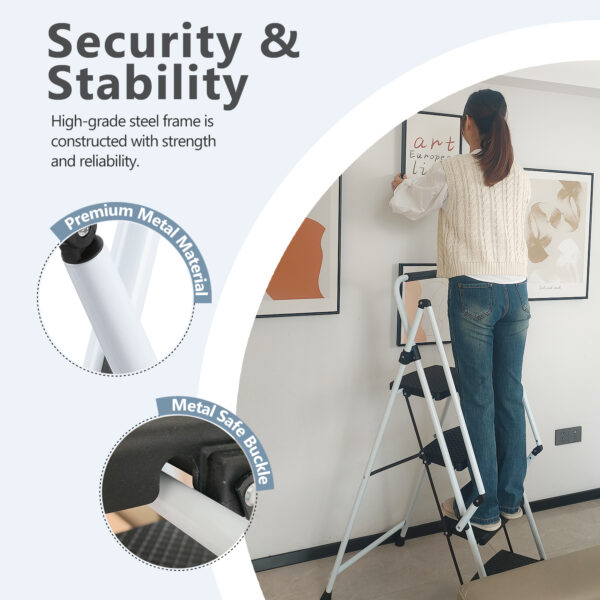 b9d1bee2ec60440cb38e58aff173a487_30e9d4325db381fdf0bda3b3e2ab7899 White four-step ladder, light folding four-step stool, wide anti-skid pedal and safety handle, strong steel ladder, multi-purpose ladder, applicable to family, kitchen, office elevator