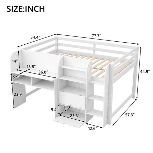 Full Size Low Loft Bed with Built-in Desk,Storage Cabinets and Open Bookcase,Whiteboard for Graffiti,White(ETA:7/8)