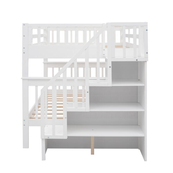 Stairway Full-Over-Full Bunk Bed with Storage and Guard Rail for Bedroom, Dorm, White color