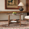 Mid-Century Style Coffee Table with Petal Shape and White Crackle Pattern Glass, 2-Tiered Coffee Table with Rattan, Walnut, 31.5"