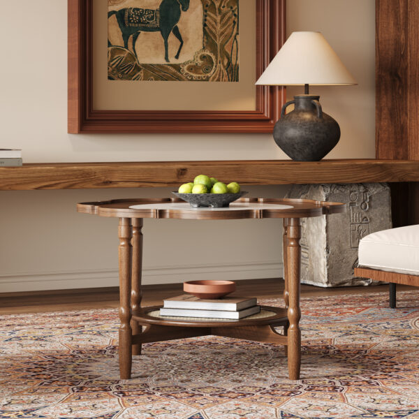 Mid-Century Style Coffee Table with Petal Shape and White Crackle Pattern Glass, 2-Tiered Coffee Table with Rattan, Walnut, 31.5"