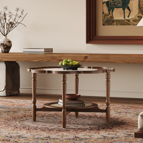 Mid-Century Style Coffee Table with Petal Shape and White Crackle Pattern Glass, 2-Tiered Coffee Table with Rattan, Walnut, 31.5"