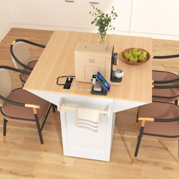 K&K 55.7'' Large Kitchen Island with 2 Drop Leaf,, Rolling Kitchen Cart on 5 Wheels with Power Outlet, Folding Storage Dining Table with Spice & Towel Rack , 3 Drawers, for Kitchen, Dining Room,White