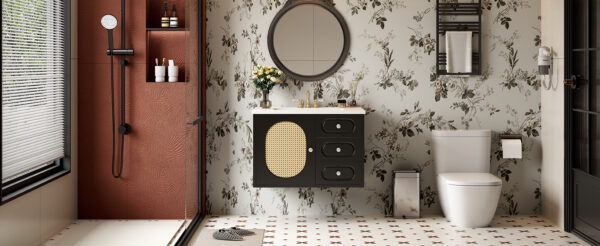30" Bathroom Vanity with Ceramic Sink, Mid-Century Bathroom Vanity Cabinet with 2 Drawers, Bathroom Vanities Cabinet with Large Storage Space