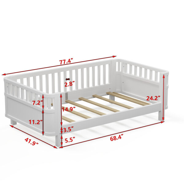 Twin Size Wood Platform Bed for Kids, Wood Low Profile Twin Bed with Rails for Girls and Boys, White (Patented Design)