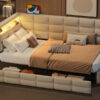Upholstered Twin Size Daybed with Storage 2 Drawers and Charging Station, Day Bed Frame with LED Lights and Storage Headboard, No Box-Spring Needed, Beige