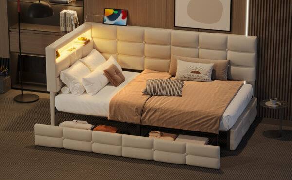 Upholstered Twin Size Daybed with Storage 2 Drawers and Charging Station, Day Bed Frame with LED Lights and Storage Headboard, No Box-Spring Needed, Beige