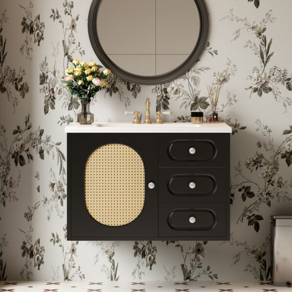 30" Bathroom Vanity with Ceramic Sink, Mid-Century Bathroom Vanity Cabinet with 2 Drawers, Bathroom Vanities Cabinet with Large Storage Space