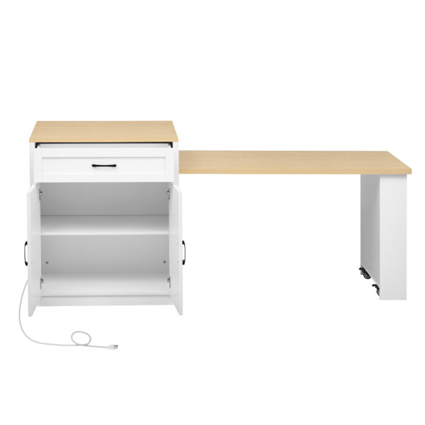 K&K 82.7 inch Kitchen Island with Extendable Dining Table for 4-6 Person,Two-tone Kitchen Table with Double-sized Storage, Power Outlet, Kitchen island with Storage 2 Drawers 2 Side Open Shelves,White