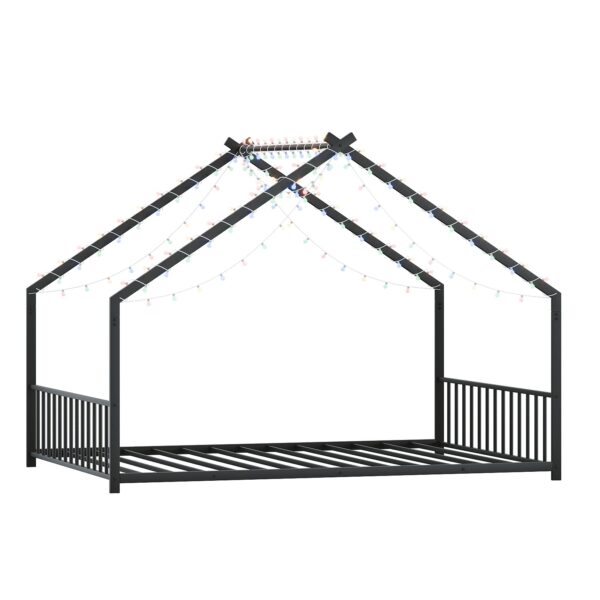 Full size children's bed frame with LED light strips, roof-shaped iron frame bed, Black,78.5" L x 55.9" W x 58.4" H.