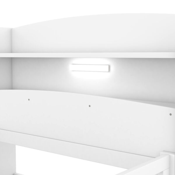 Wood Twin Size Platform Bed with Built-in LED Light, Storage Headboard and Guardrail, White
